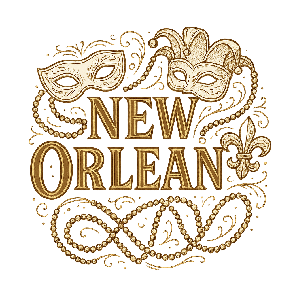A typographic, nostalgic graphic of a typographic illustration of the words 'new orleans' with a vintage line art drawing of the mardi gras – a t-shirt design