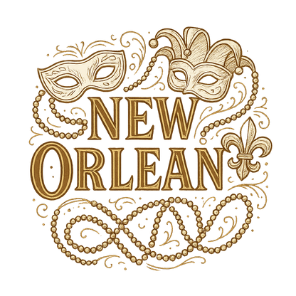 A typographic, nostalgic graphic of a typographic illustration of the words 'new orleans' with a vintage line art drawing of the mardi gras – a t-shirt design