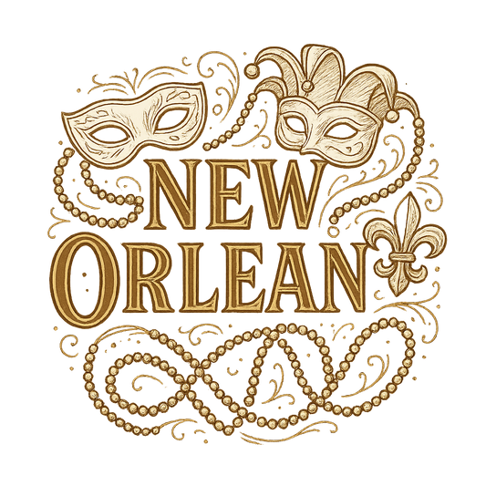 A typographic, nostalgic graphic of a typographic illustration of the words 'new orleans' with a vintage line art drawing of the mardi gras – a t-shirt design