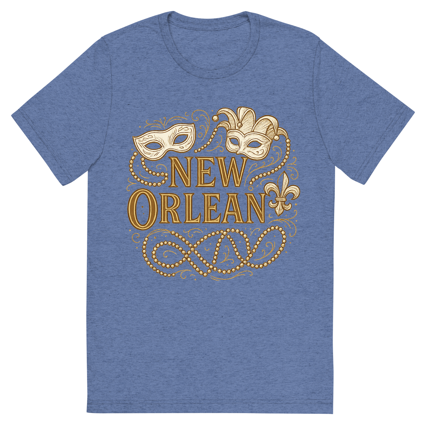 Front view of a Premium Tri-Blend Crew Neck T-Shirt in Blue showing 'A typographic, nostalgic graphic of a typographic illustration of the words 'new orleans' with a vintage line art drawing of the mardi gras'