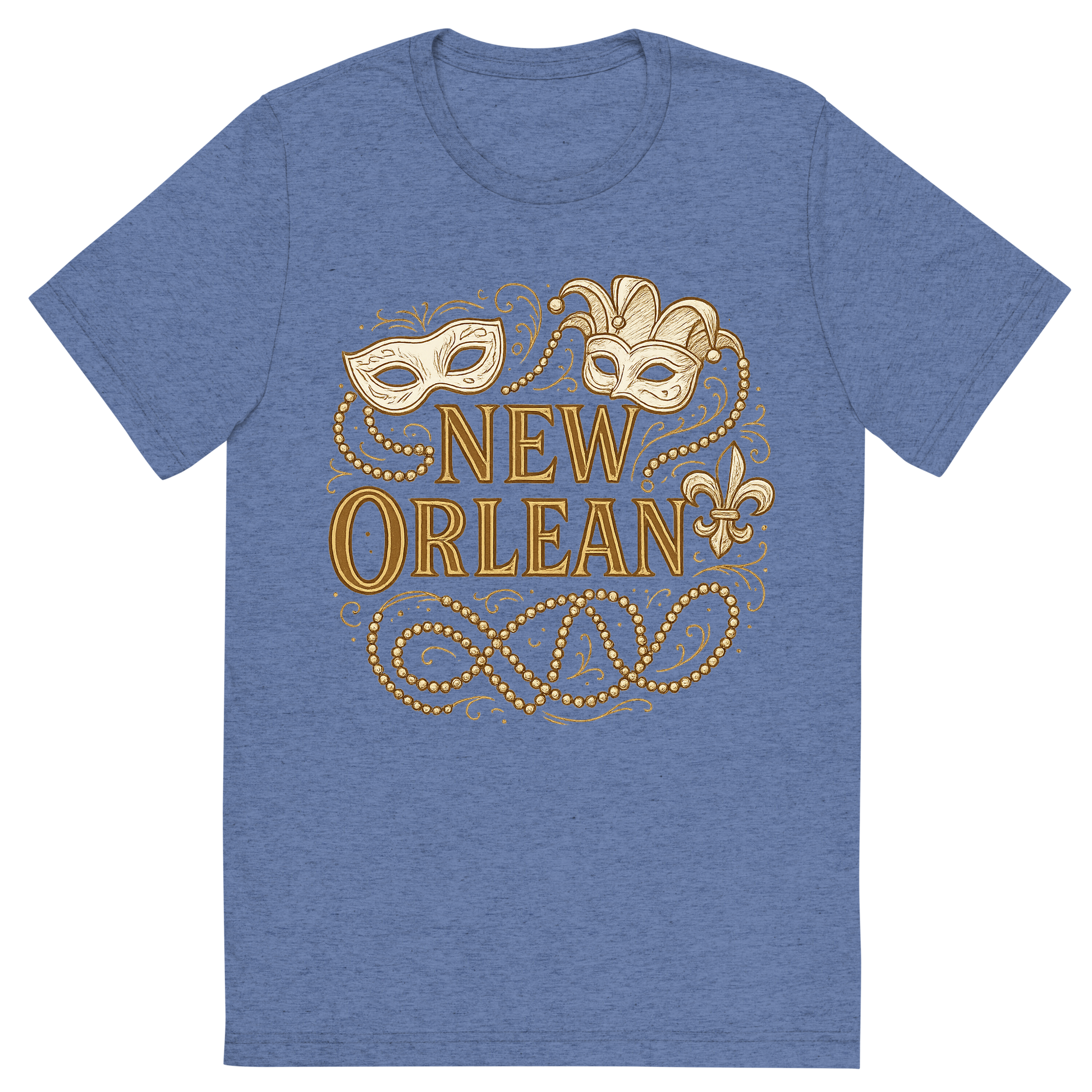 Front view of a Premium Tri-Blend Crew Neck T-Shirt in Blue showing 'A typographic, nostalgic graphic of a typographic illustration of the words 'new orleans' with a vintage line art drawing of the mardi gras'