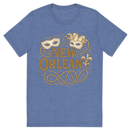 Front view of a Premium Tri-Blend Crew Neck T-Shirt in Blue showing 'A typographic, nostalgic graphic of a typographic illustration of the words 'new orleans' with a vintage line art drawing of the mardi gras'