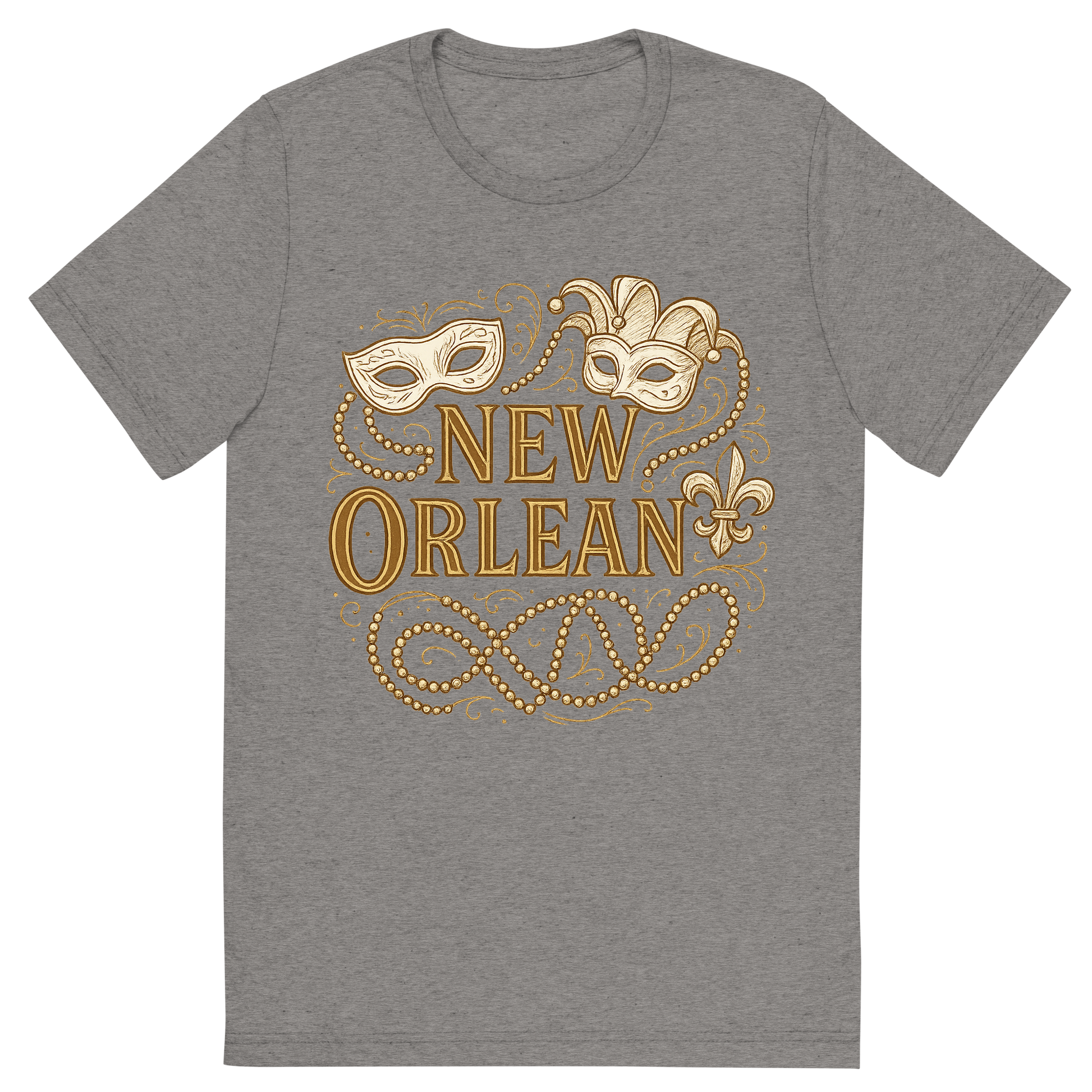 Front view of a Premium Tri-Blend Crew Neck T-Shirt in Grey showing 'A typographic, nostalgic graphic of a typographic illustration of the words 'new orleans' with a vintage line art drawing of the mardi gras'