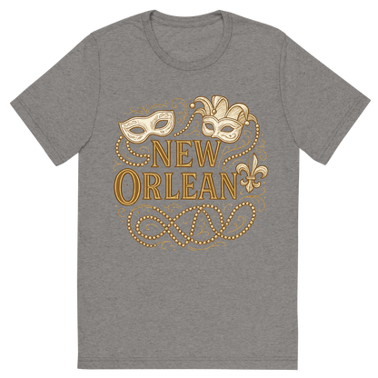 Front view of a Premium Tri-Blend Crew Neck T-Shirt in Grey showing 'A typographic, nostalgic graphic of a typographic illustration of the words 'new orleans' with a vintage line art drawing of the mardi gras'