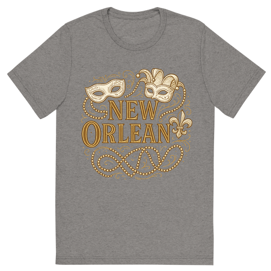 Front view of a Premium Tri-Blend Crew Neck T-Shirt in Grey showing 'A typographic, nostalgic graphic of a typographic illustration of the words 'new orleans' with a vintage line art drawing of the mardi gras'