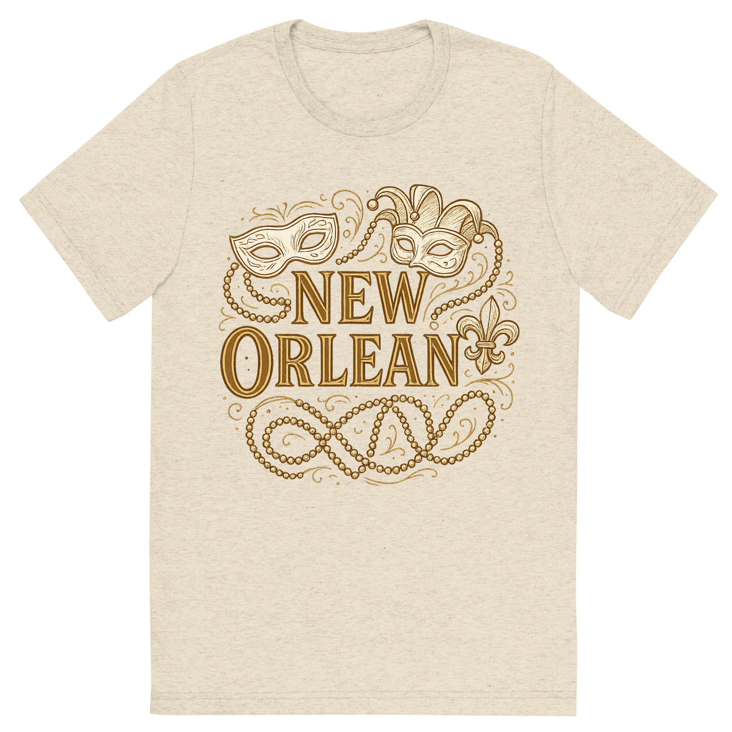 Front view of a Premium Tri-Blend Crew Neck T-Shirt in Oatmeal showing 'A typographic, nostalgic graphic of a typographic illustration of the words 'new orleans' with a vintage line art drawing of the mardi gras'
