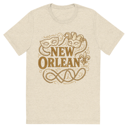 Front view of a Premium Tri-Blend Crew Neck T-Shirt in Oatmeal showing 'A typographic, nostalgic graphic of a typographic illustration of the words 'new orleans' with a vintage line art drawing of the mardi gras'