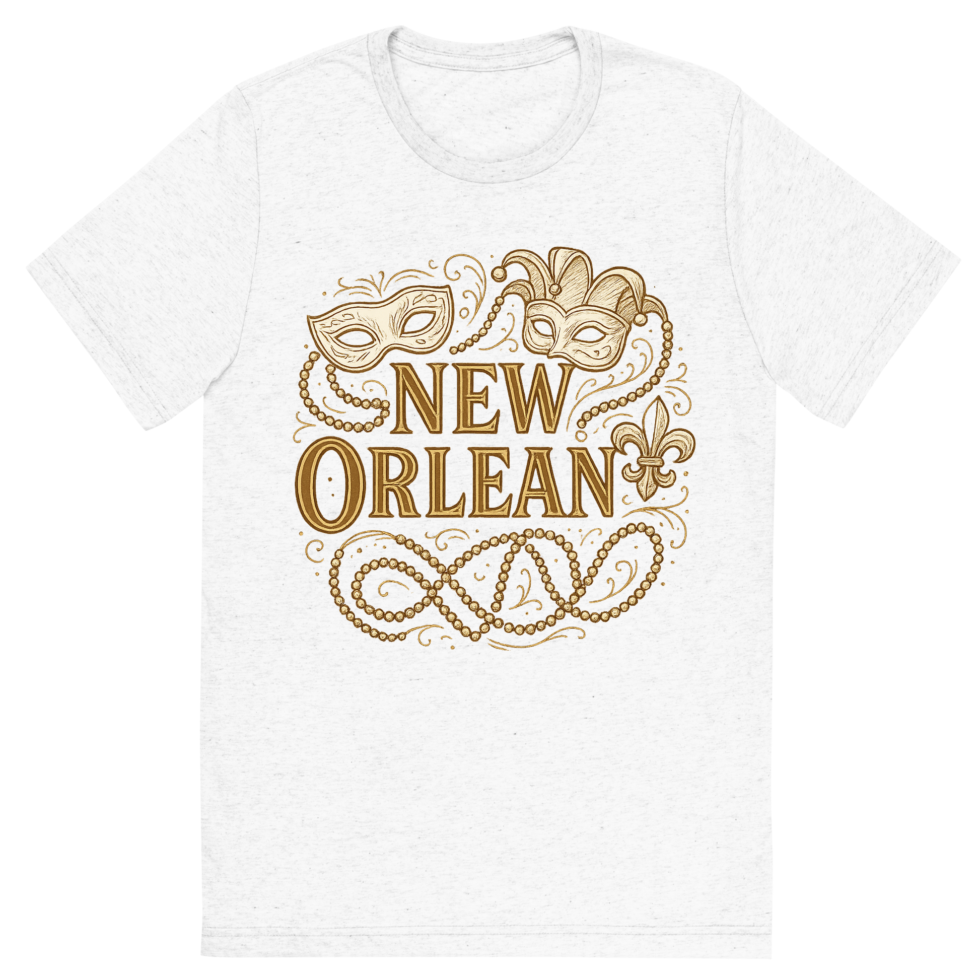 Front view of a Premium Tri-Blend Crew Neck T-Shirt in Solid White showing 'A typographic, nostalgic graphic of a typographic illustration of the words 'new orleans' with a vintage line art drawing of the mardi gras'