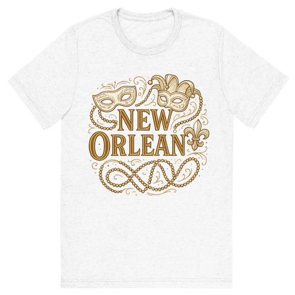 Front view of a Premium Tri-Blend Crew Neck T-Shirt in Solid White showing 'A typographic, nostalgic graphic of a typographic illustration of the words 'new orleans' with a vintage line art drawing of the mardi gras'