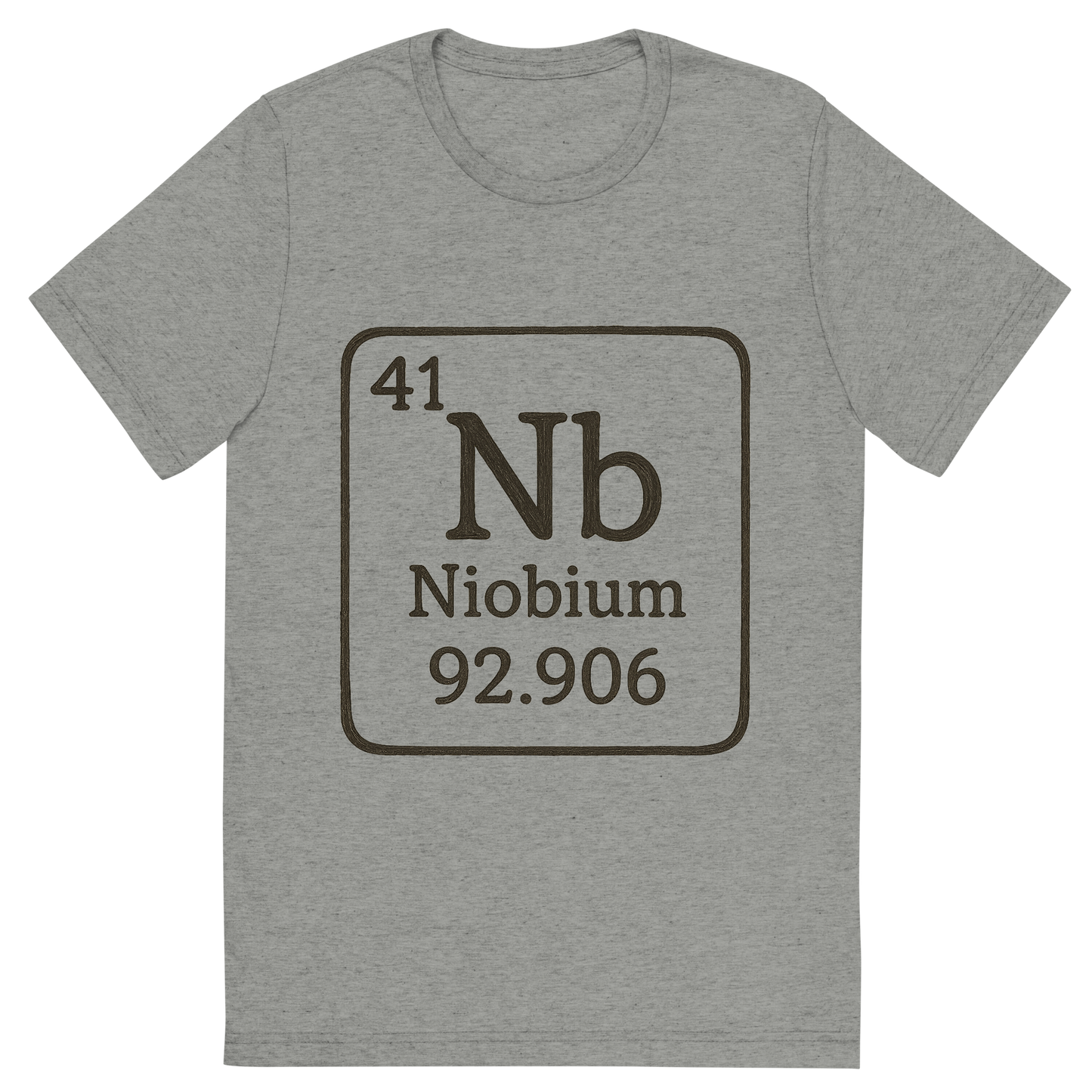 Front view of a Premium Tri-Blend Crew Neck T-Shirt in Athletic Grey showing 'A line art, nostalgic graphic of niobium's entry on the periodic table, use a dark color for the lines and text'