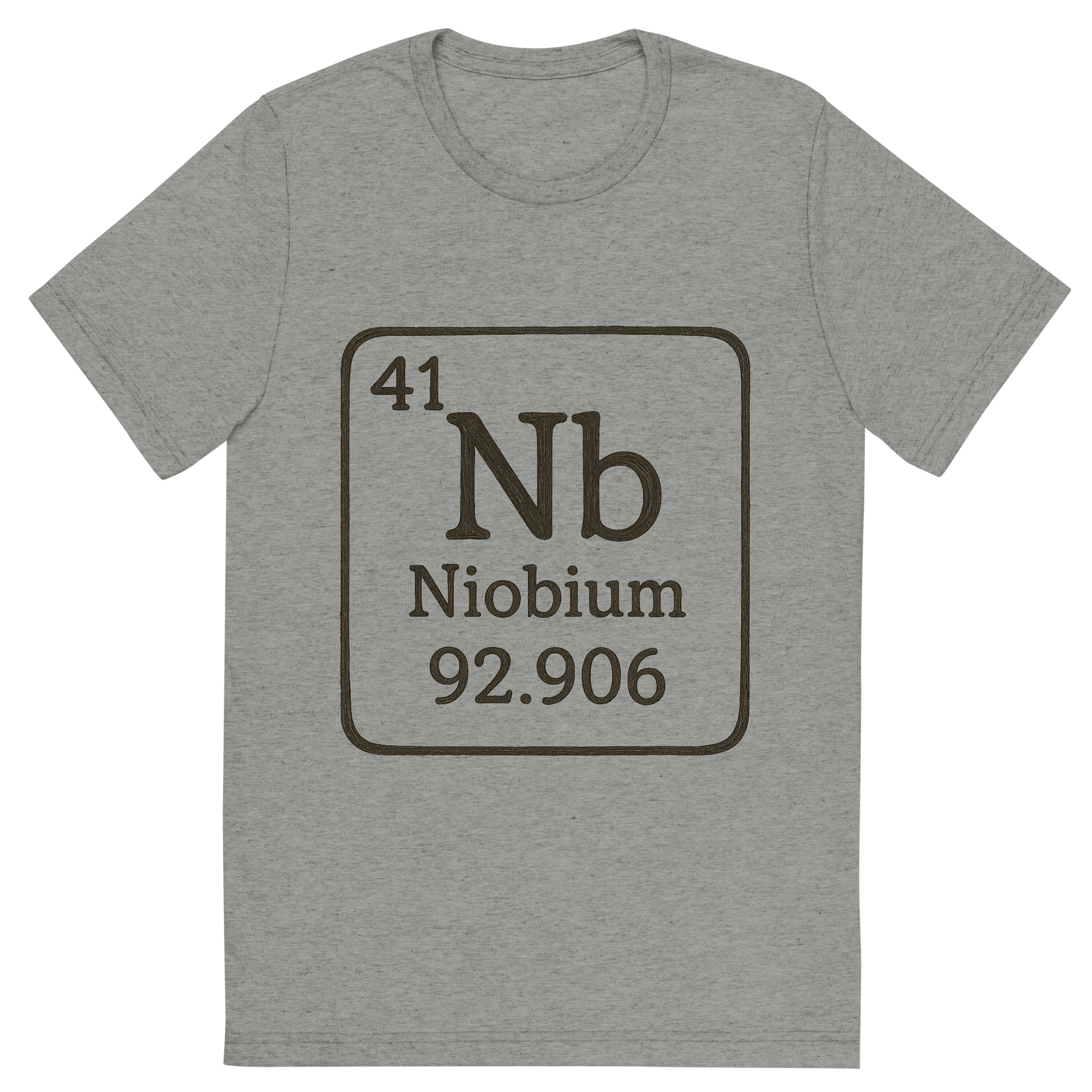 Front view of a Premium Tri-Blend Crew Neck T-Shirt in Athletic Grey showing 'A line art, nostalgic graphic of niobium's entry on the periodic table, use a dark color for the lines and text'