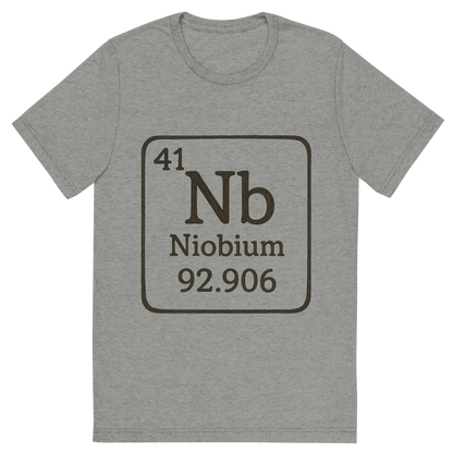 Front view of a Premium Tri-Blend Crew Neck T-Shirt in Athletic Grey showing 'A line art, nostalgic graphic of niobium's entry on the periodic table, use a dark color for the lines and text'