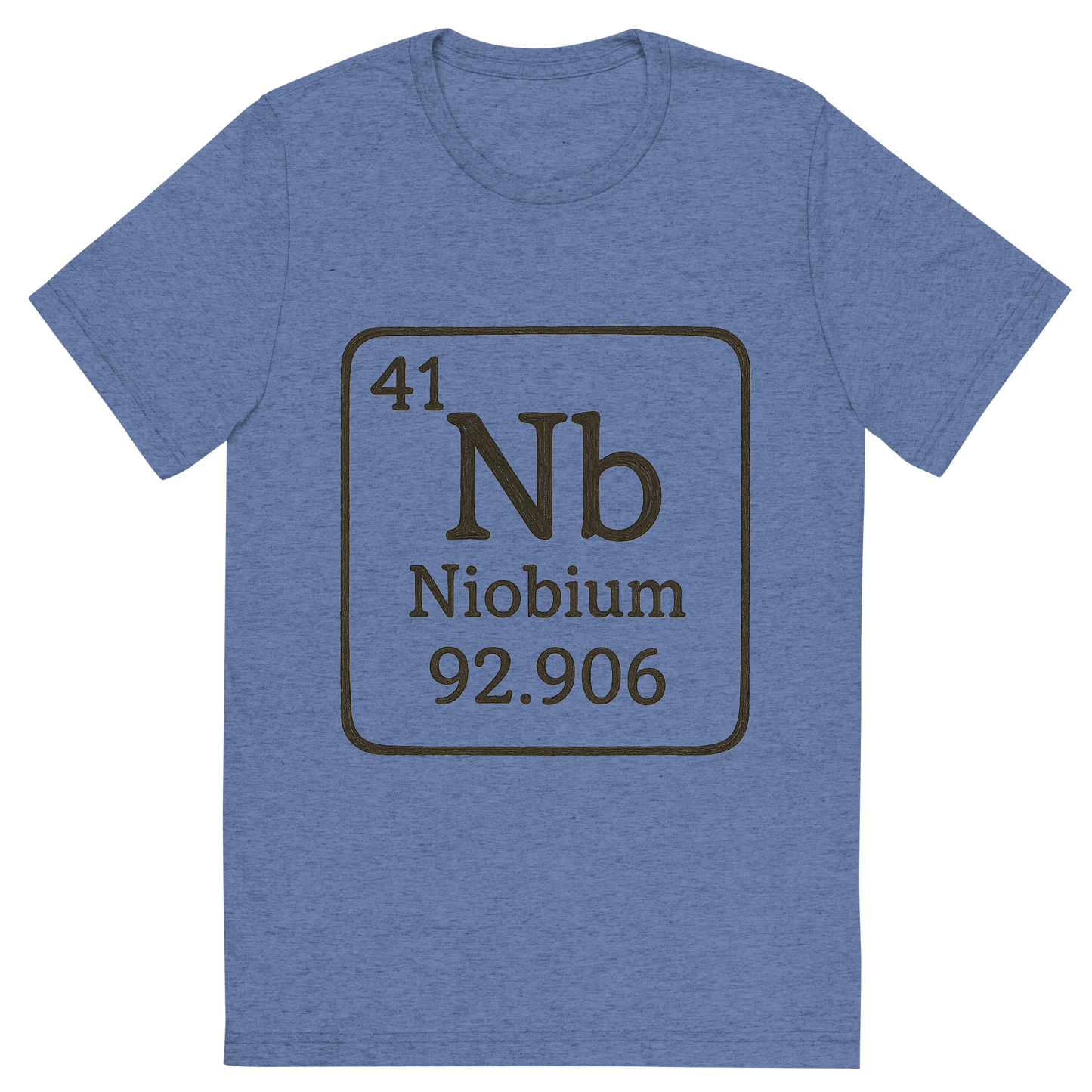 Front view of a Premium Tri-Blend Crew Neck T-Shirt in Blue showing 'A line art, nostalgic graphic of niobium's entry on the periodic table, use a dark color for the lines and text'