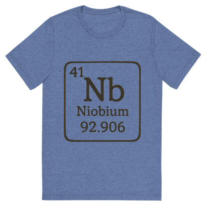Front view of a Premium Tri-Blend Crew Neck T-Shirt in Blue showing 'A line art, nostalgic graphic of niobium's entry on the periodic table, use a dark color for the lines and text'