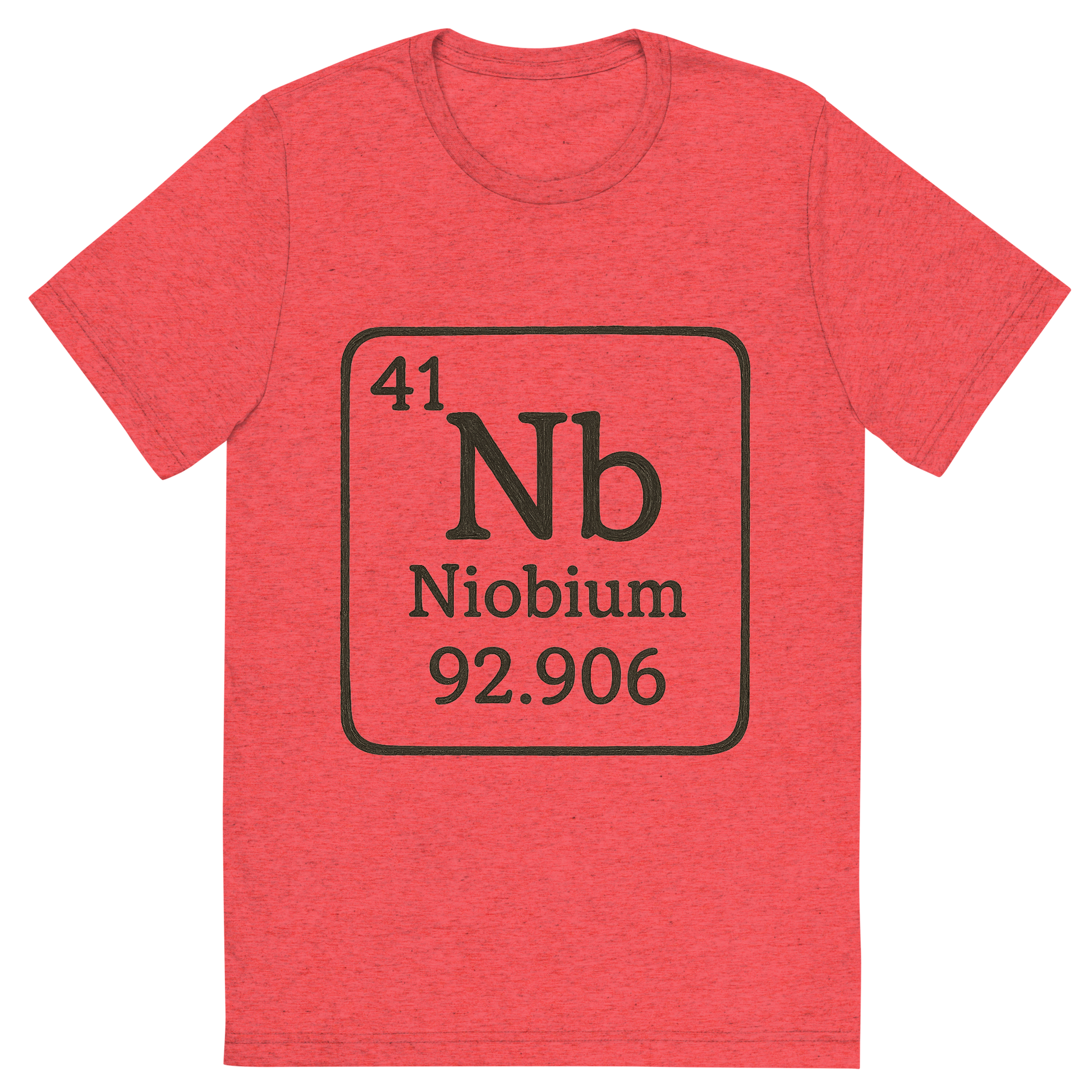 Front view of a Premium Tri-Blend Crew Neck T-Shirt in Red showing 'A line art, nostalgic graphic of niobium's entry on the periodic table, use a dark color for the lines and text'
