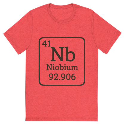 Front view of a Premium Tri-Blend Crew Neck T-Shirt in Red showing 'A line art, nostalgic graphic of niobium's entry on the periodic table, use a dark color for the lines and text'