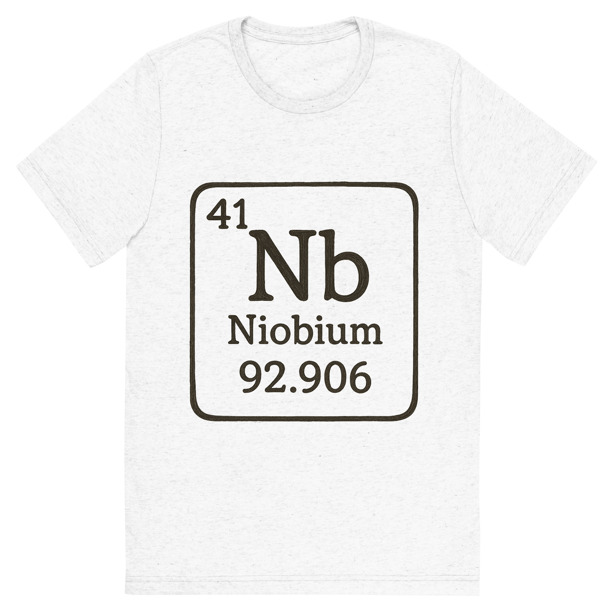 Front view of a Premium Tri-Blend Crew Neck T-Shirt in Solid White showing 'A line art, nostalgic graphic of niobium's entry on the periodic table, use a dark color for the lines and text'
