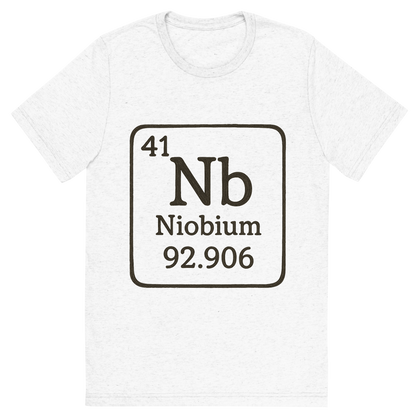 Front view of a Premium Tri-Blend Crew Neck T-Shirt in Solid White showing 'A line art, nostalgic graphic of niobium's entry on the periodic table, use a dark color for the lines and text'