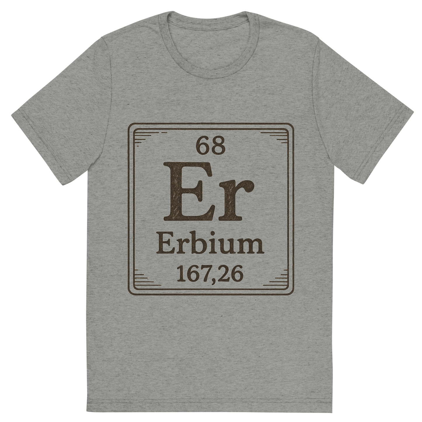 Front view of a Premium Tri-Blend Crew Neck T-Shirt in Athletic Grey showing 'A line art, nostalgic graphic of erbium's entry on the periodic table, use a dark color for the lines and text'