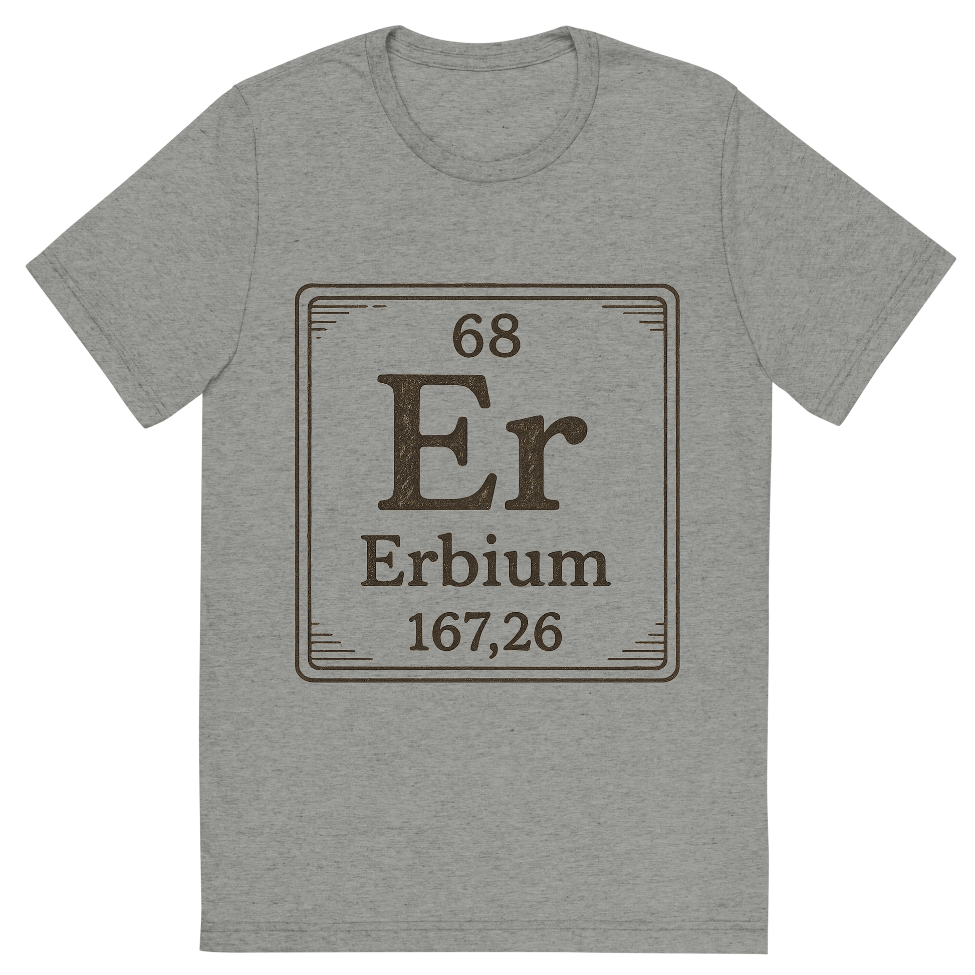 Front view of a Premium Tri-Blend Crew Neck T-Shirt in Athletic Grey showing 'A line art, nostalgic graphic of erbium's entry on the periodic table, use a dark color for the lines and text'