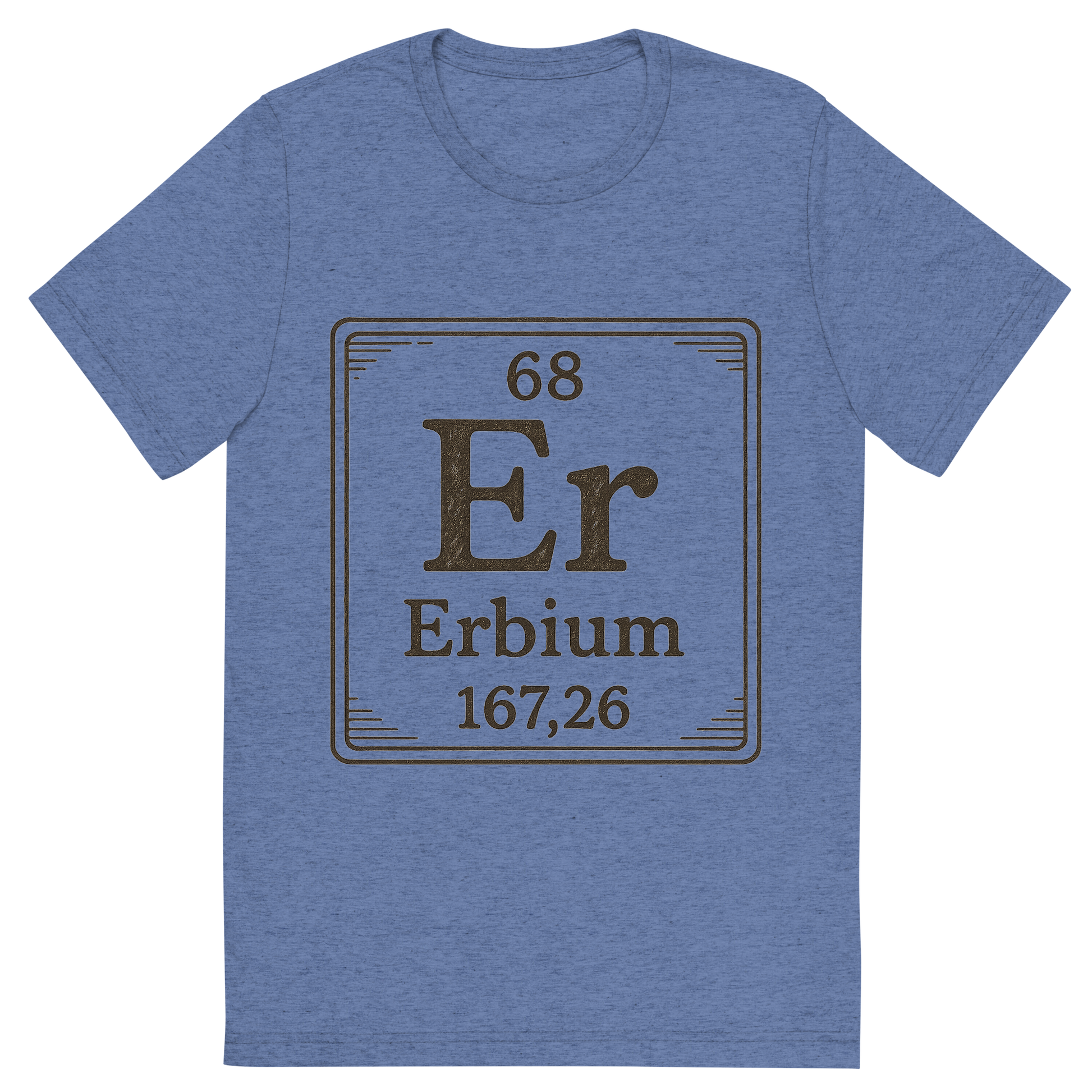 Front view of a Premium Tri-Blend Crew Neck T-Shirt in Blue showing 'A line art, nostalgic graphic of erbium's entry on the periodic table, use a dark color for the lines and text'