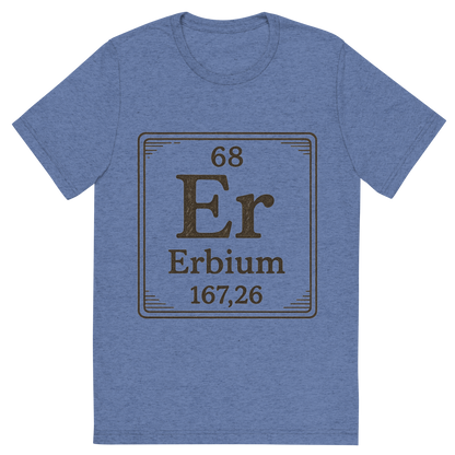 Front view of a Premium Tri-Blend Crew Neck T-Shirt in Blue showing 'A line art, nostalgic graphic of erbium's entry on the periodic table, use a dark color for the lines and text'