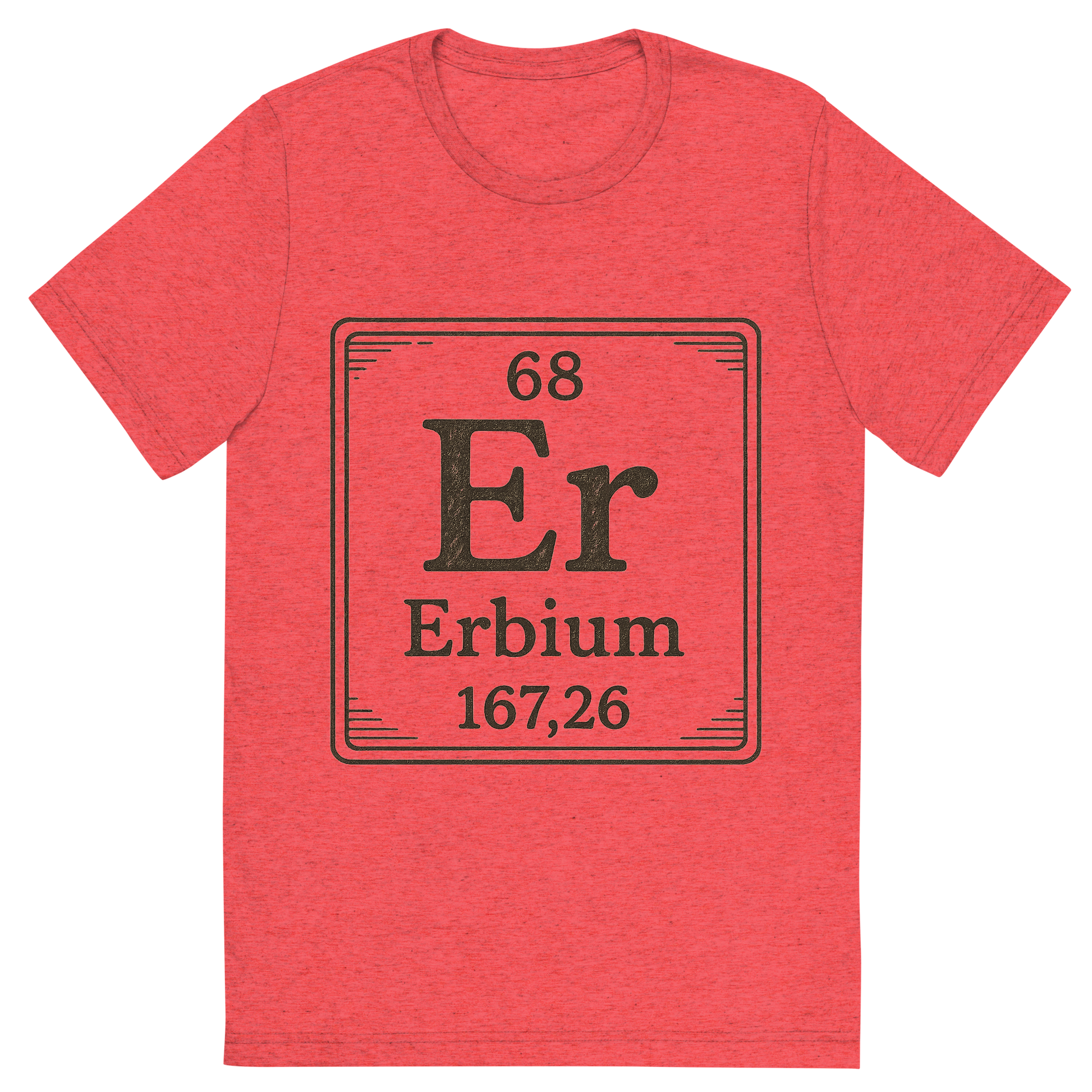 Front view of a Premium Tri-Blend Crew Neck T-Shirt in Red showing 'A line art, nostalgic graphic of erbium's entry on the periodic table, use a dark color for the lines and text'