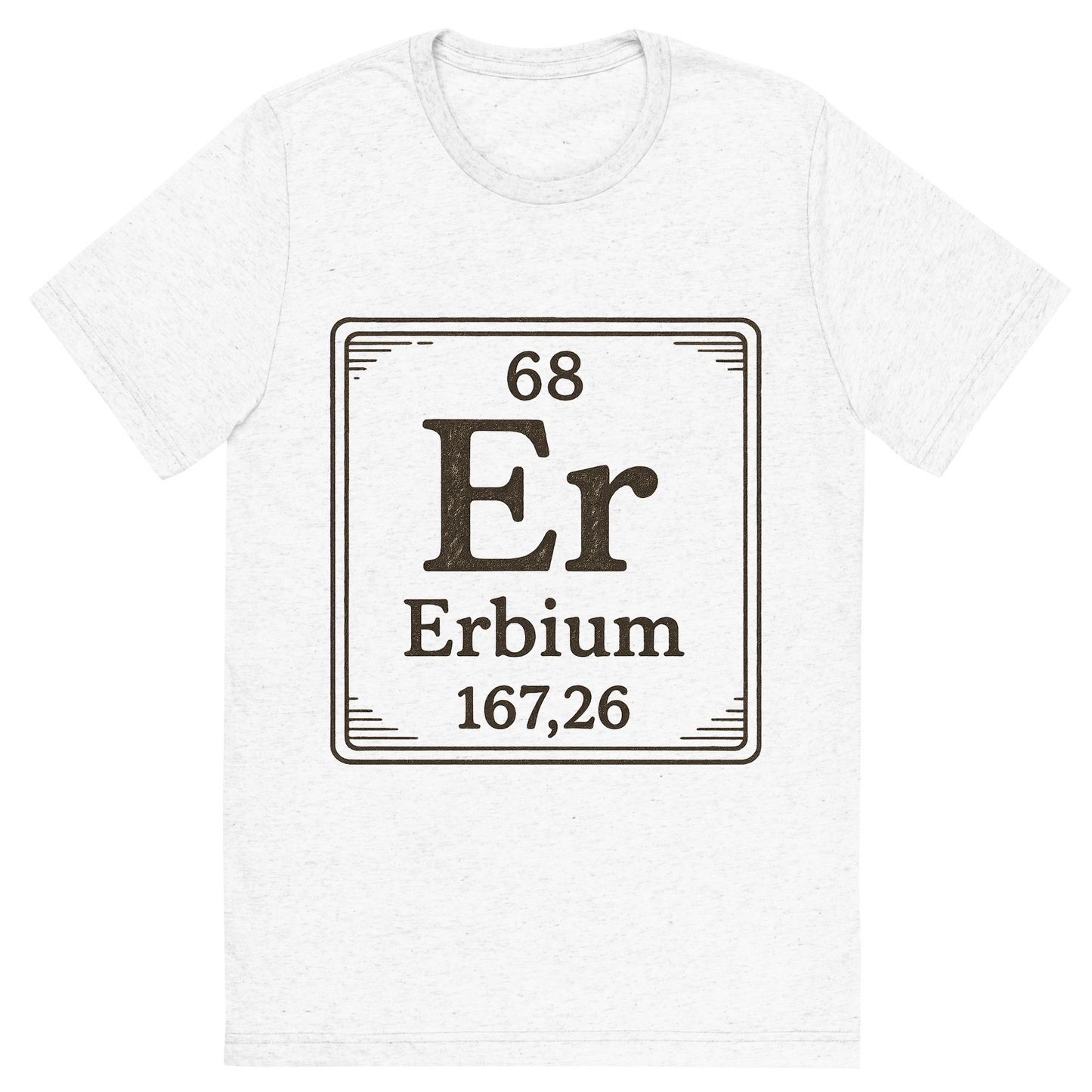 Front view of a Premium Tri-Blend Crew Neck T-Shirt in Solid White showing 'A line art, nostalgic graphic of erbium's entry on the periodic table, use a dark color for the lines and text'