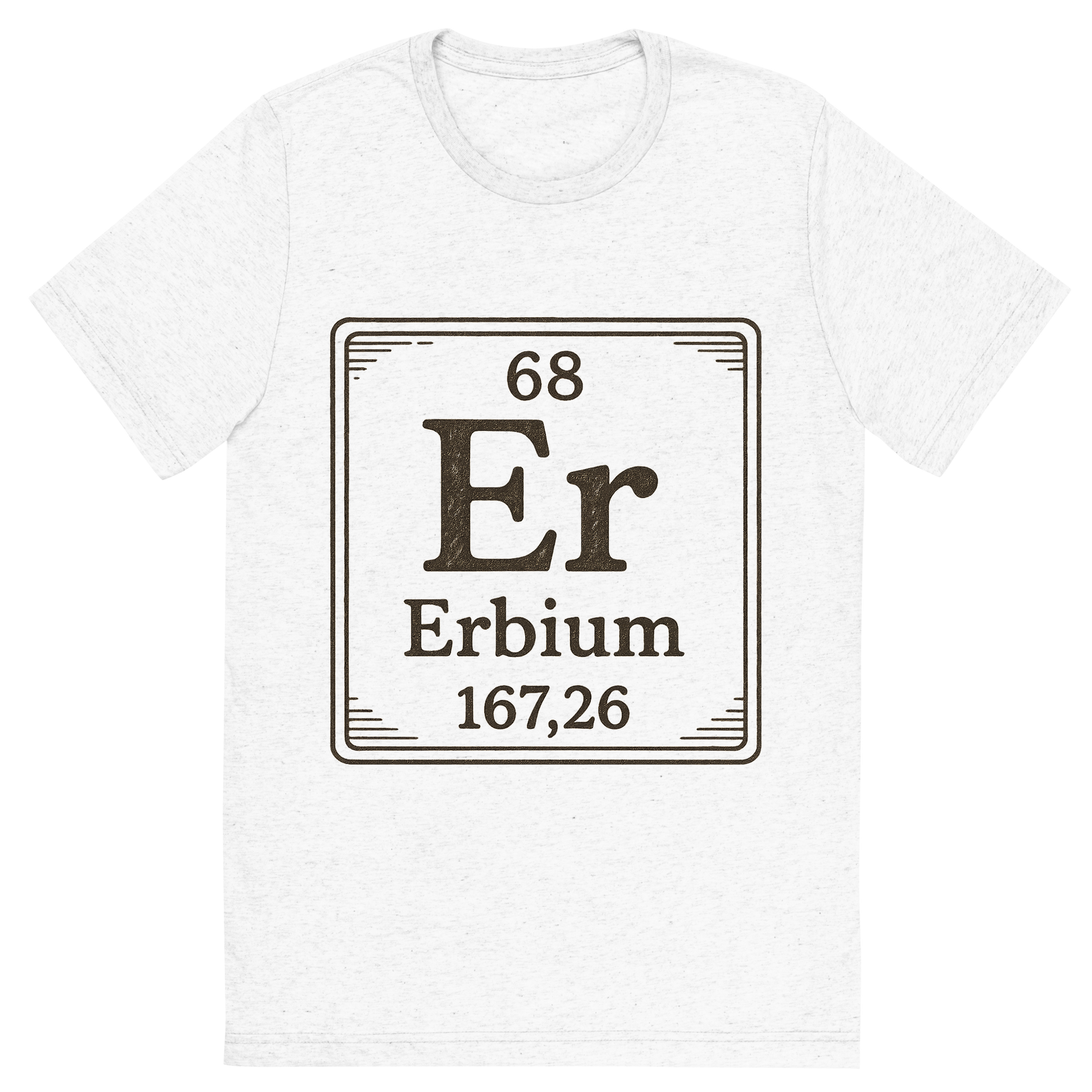 Front view of a Premium Tri-Blend Crew Neck T-Shirt in Solid White showing 'A line art, nostalgic graphic of erbium's entry on the periodic table, use a dark color for the lines and text'