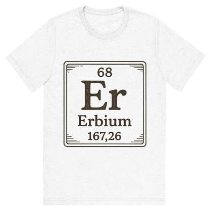 Front view of a Premium Tri-Blend Crew Neck T-Shirt in Solid White showing 'A line art, nostalgic graphic of erbium's entry on the periodic table, use a dark color for the lines and text'