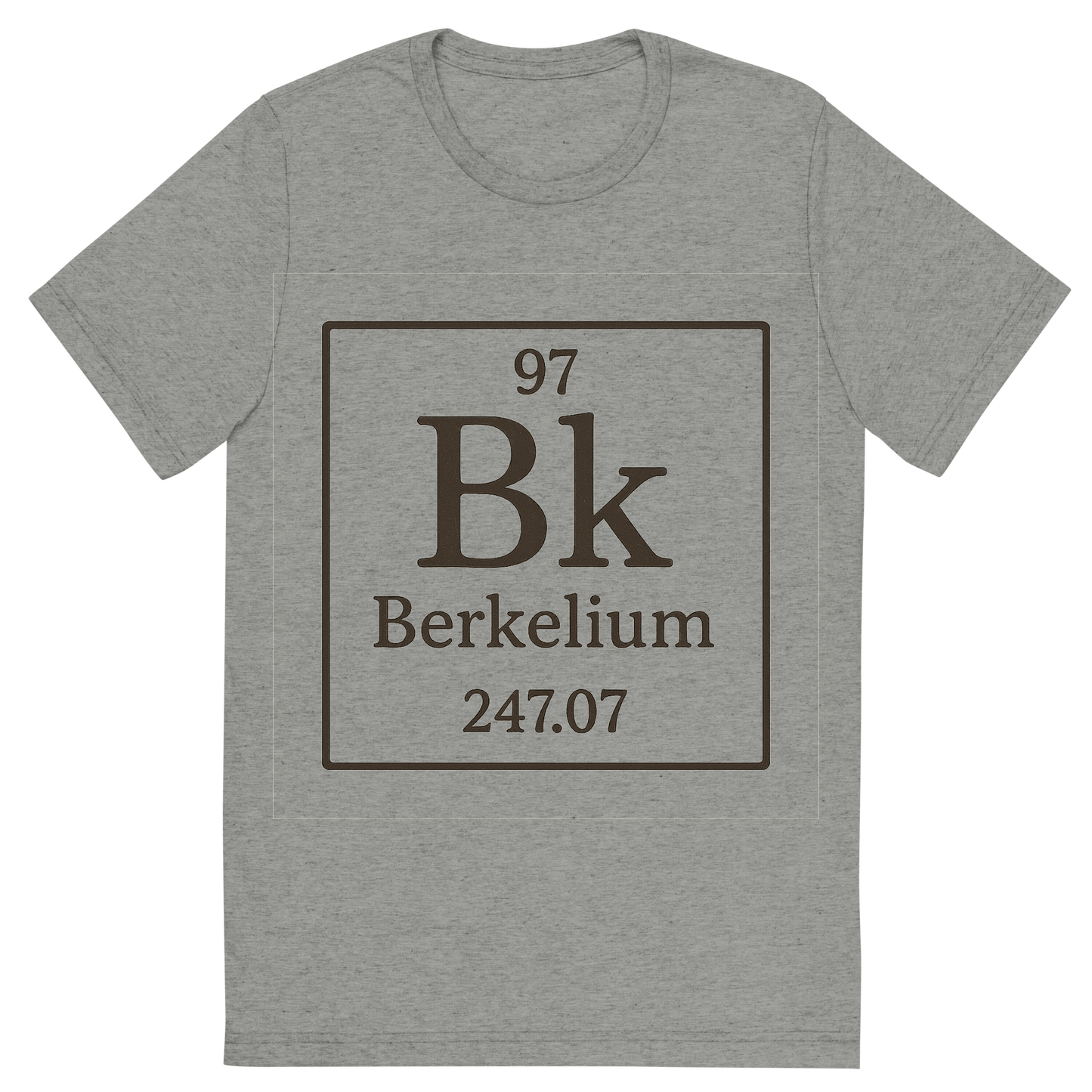 Front view of a Premium Tri-Blend Crew Neck T-Shirt in Athletic Grey showing 'A line art, nostalgic graphic of berkelium's entry on the periodic table, use a dark color for the lines and text'