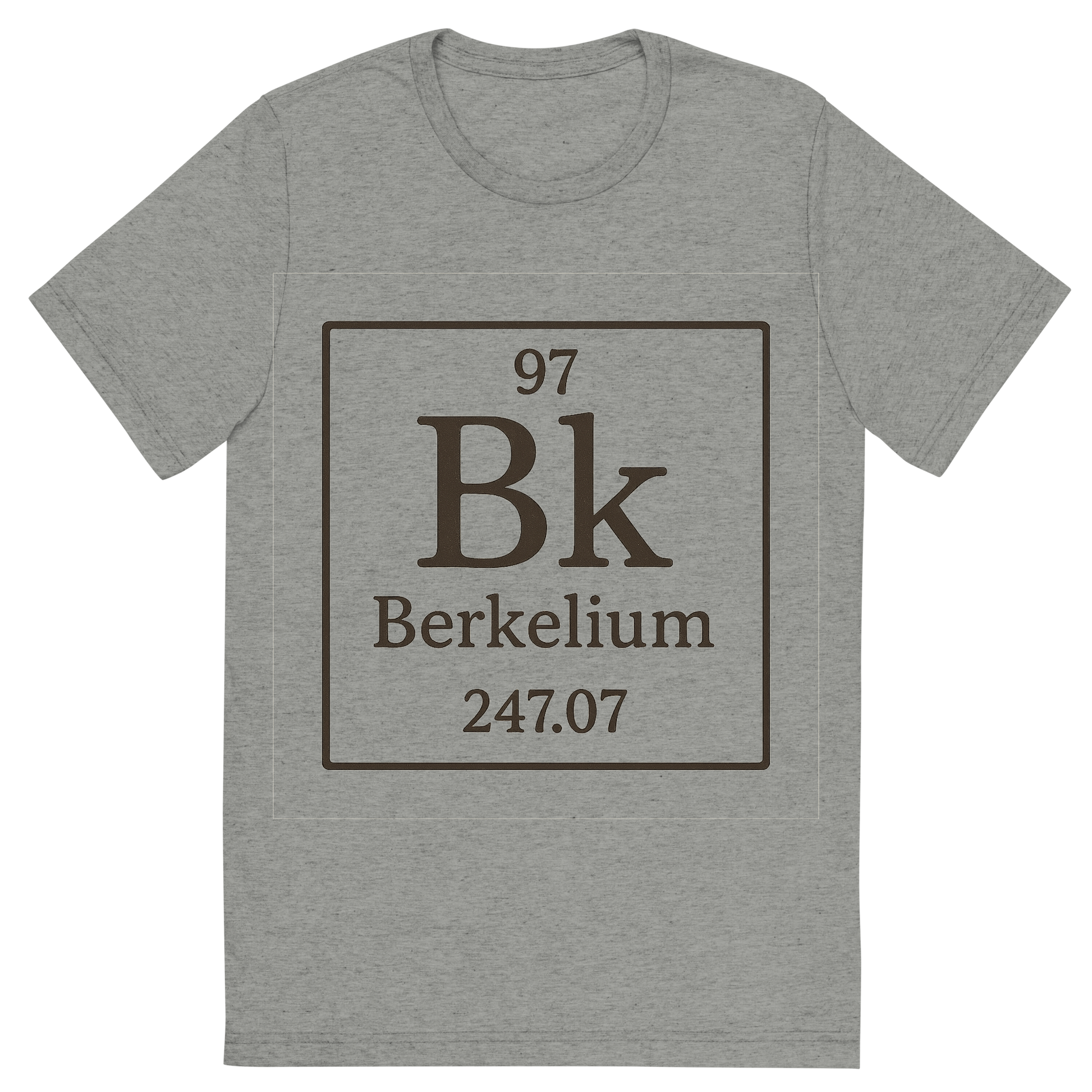 Front view of a Premium Tri-Blend Crew Neck T-Shirt in Athletic Grey showing 'A line art, nostalgic graphic of berkelium's entry on the periodic table, use a dark color for the lines and text'