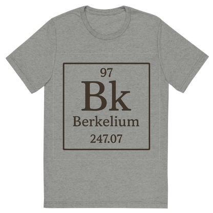 Front view of a Premium Tri-Blend Crew Neck T-Shirt in Athletic Grey showing 'A line art, nostalgic graphic of berkelium's entry on the periodic table, use a dark color for the lines and text'