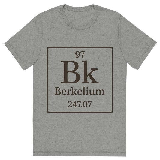 Front view of a Premium Tri-Blend Crew Neck T-Shirt in Athletic Grey showing 'A line art, nostalgic graphic of berkelium's entry on the periodic table, use a dark color for the lines and text'