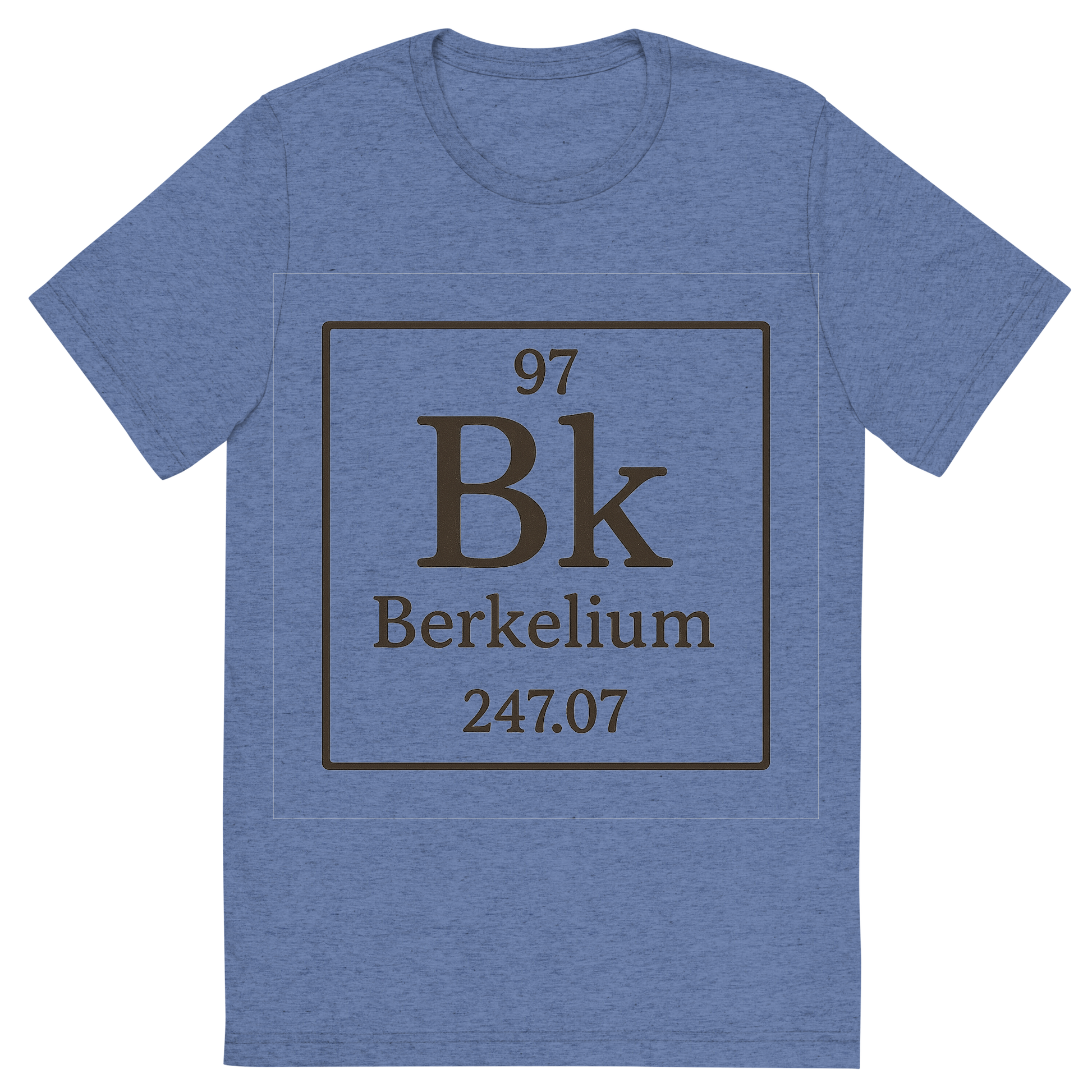 Front view of a Premium Tri-Blend Crew Neck T-Shirt in Blue showing 'A line art, nostalgic graphic of berkelium's entry on the periodic table, use a dark color for the lines and text'