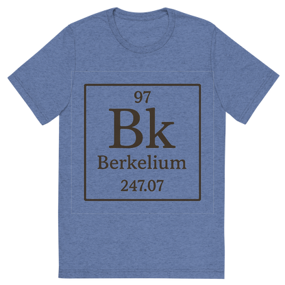 Front view of a Premium Tri-Blend Crew Neck T-Shirt in Blue showing 'A line art, nostalgic graphic of berkelium's entry on the periodic table, use a dark color for the lines and text'