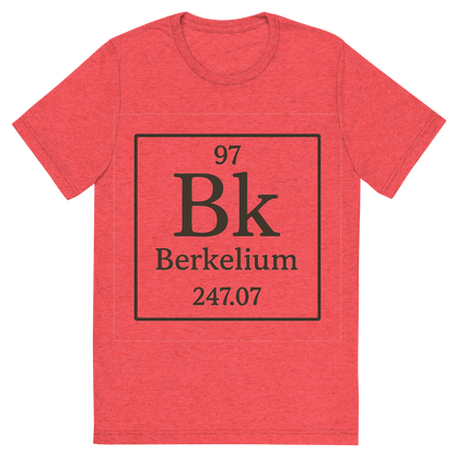 Front view of a Premium Tri-Blend Crew Neck T-Shirt in Red showing 'A line art, nostalgic graphic of berkelium's entry on the periodic table, use a dark color for the lines and text'