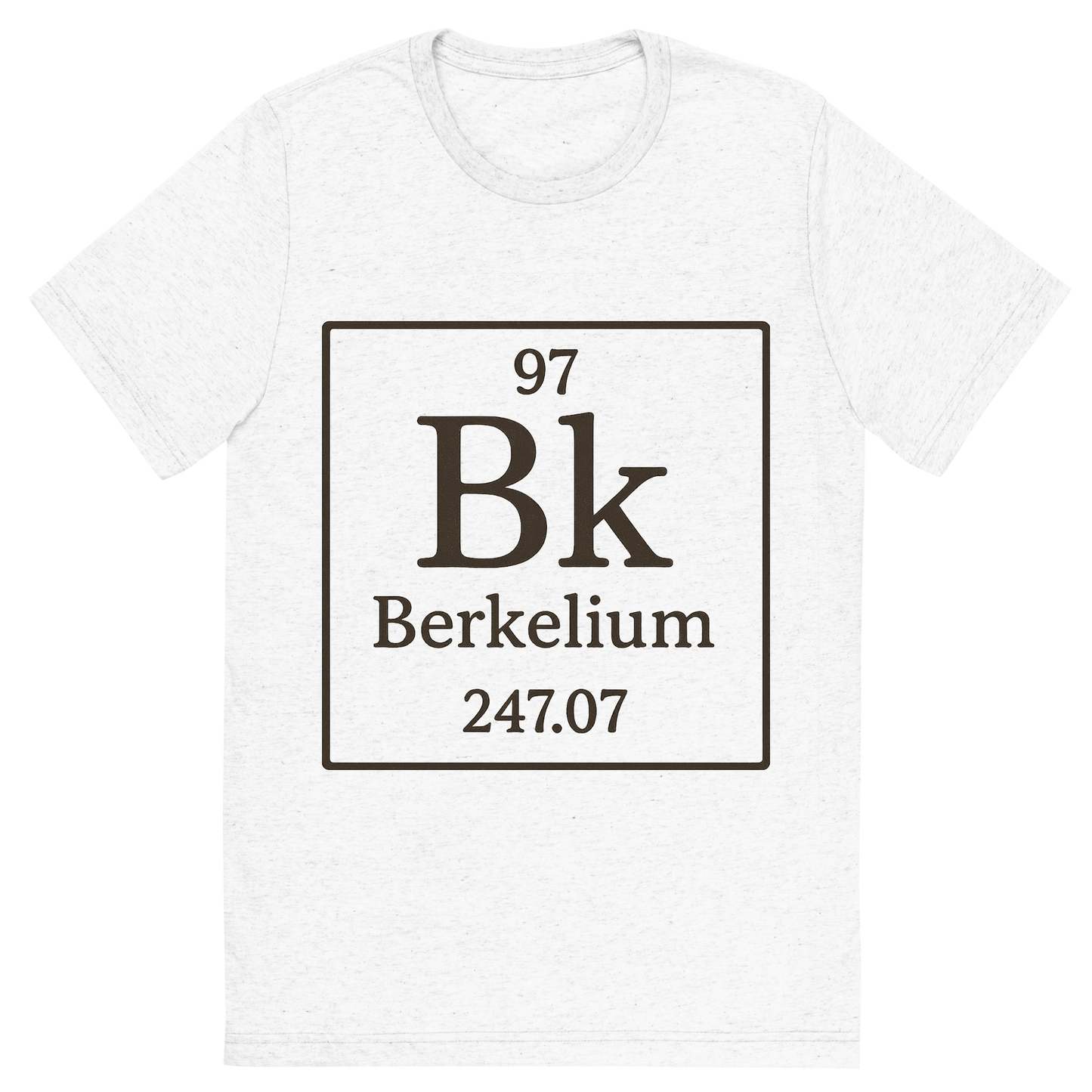Front view of a Premium Tri-Blend Crew Neck T-Shirt in Solid White showing 'A line art, nostalgic graphic of berkelium's entry on the periodic table, use a dark color for the lines and text'