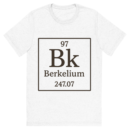 Front view of a Premium Tri-Blend Crew Neck T-Shirt in Solid White showing 'A line art, nostalgic graphic of berkelium's entry on the periodic table, use a dark color for the lines and text'