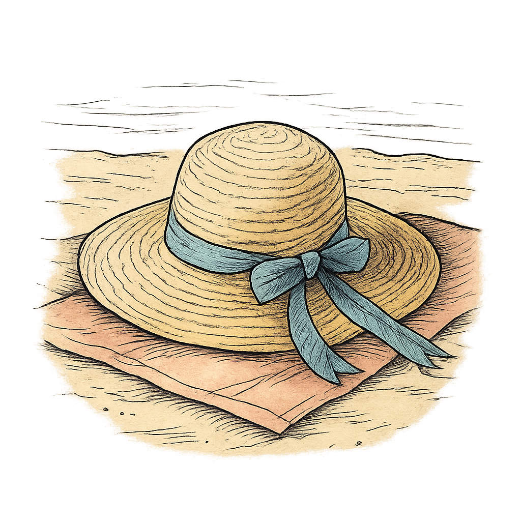 A hand-drawn ink with pops of color, relaxed graphic of a classic woven straw sun hat with a ribbon, lying on a towel at the beach, hand-drawn ink with pops of color, centered composition, transparent background, optimized for dtg printing - a t-shirt design