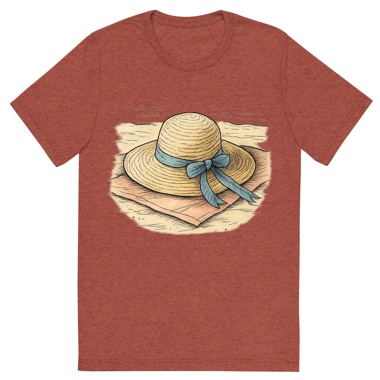 Front view of a Premium Tri-Blend Crew Neck T-Shirt in Clay showing 'A hand-drawn ink with pops of color, relaxed graphic of a classic woven straw sun hat with a ribbon, lying on a towel at the beach, hand-drawn ink with pops of color, centered composition, transparent background, optimized for dtg printing'
