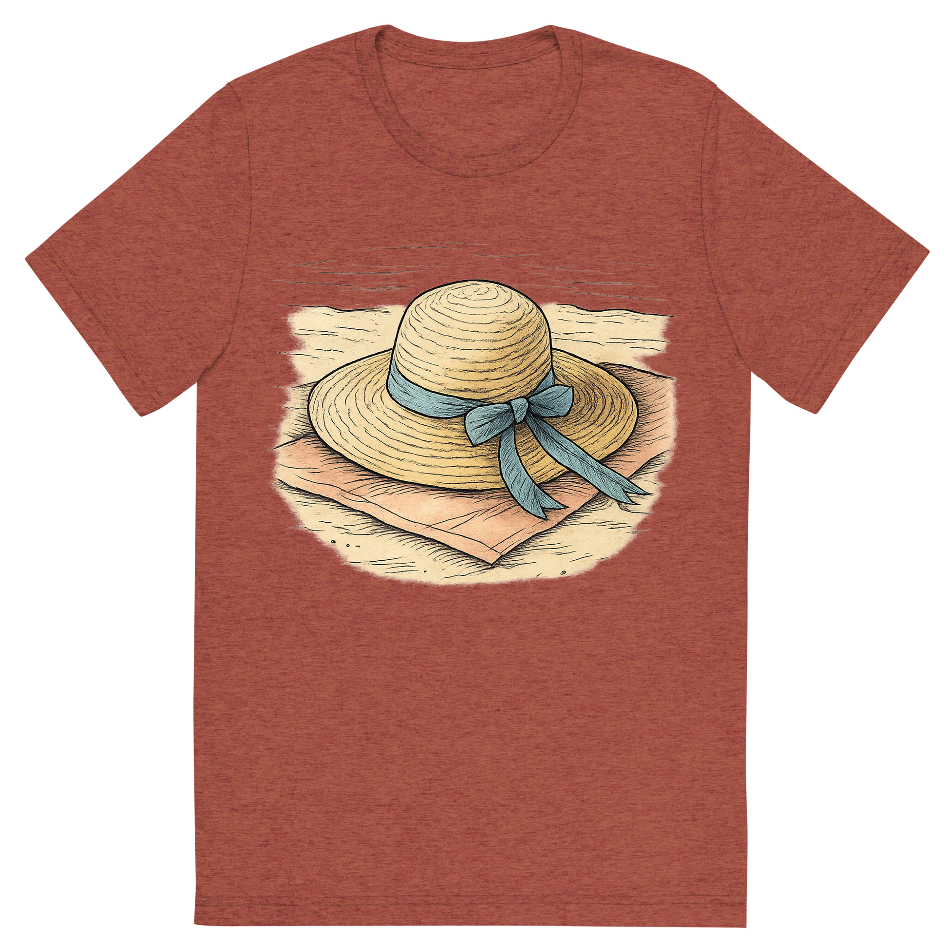 Front view of a Premium Tri-Blend Crew Neck T-Shirt in Clay showing 'A hand-drawn ink with pops of color, relaxed graphic of a classic woven straw sun hat with a ribbon, lying on a towel at the beach, hand-drawn ink with pops of color, centered composition, transparent background, optimized for dtg printing'
