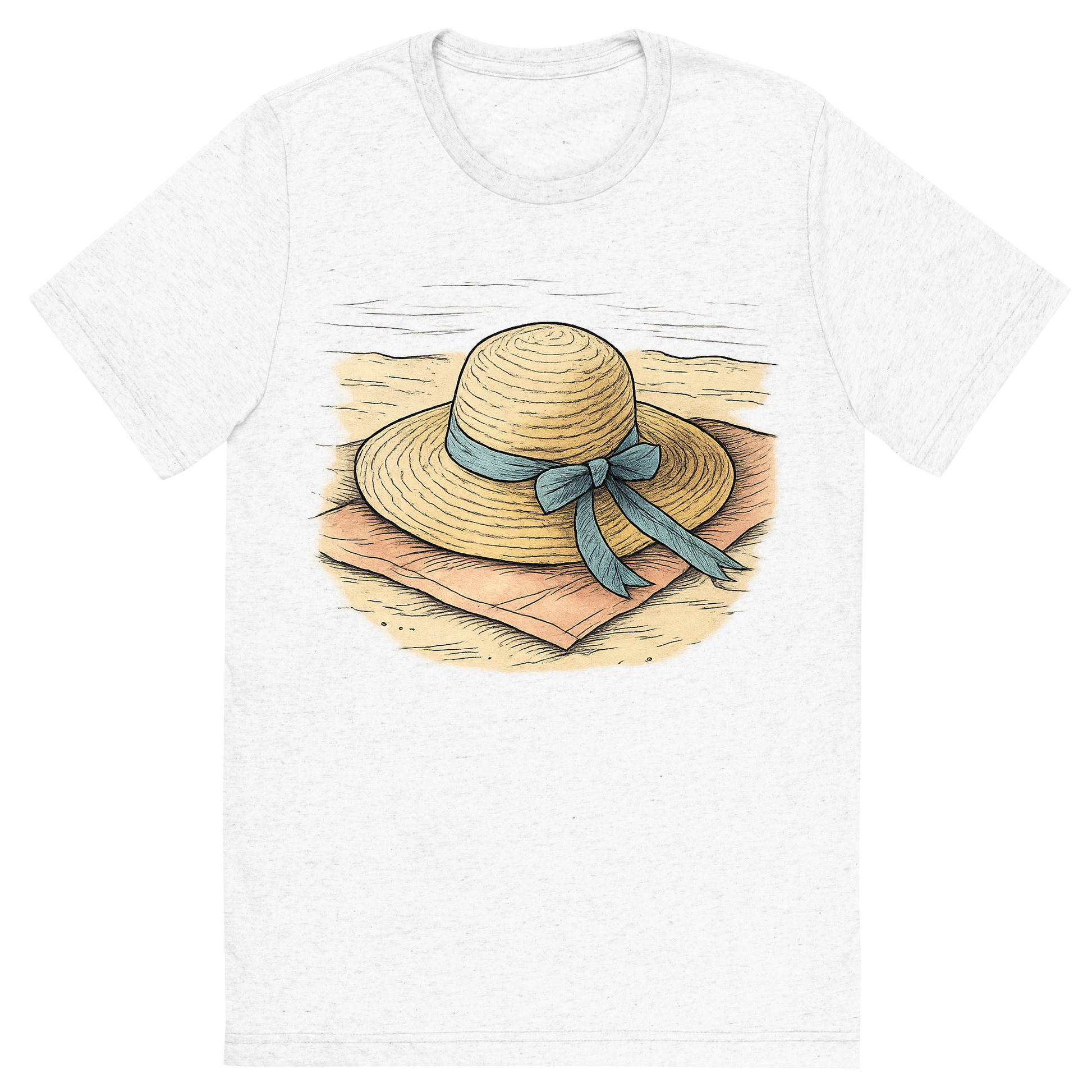 Front view of a Premium Tri-Blend Crew Neck T-Shirt in Solid White showing 'A hand-drawn ink with pops of color, relaxed graphic of a classic woven straw sun hat with a ribbon, lying on a towel at the beach, hand-drawn ink with pops of color, centered composition, transparent background, optimized for dtg printing'