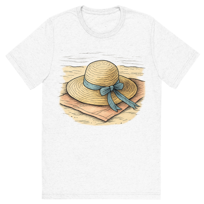 Front view of a Premium Tri-Blend Crew Neck T-Shirt in Solid White showing 'A hand-drawn ink with pops of color, relaxed graphic of a classic woven straw sun hat with a ribbon, lying on a towel at the beach, hand-drawn ink with pops of color, centered composition, transparent background, optimized for dtg printing'