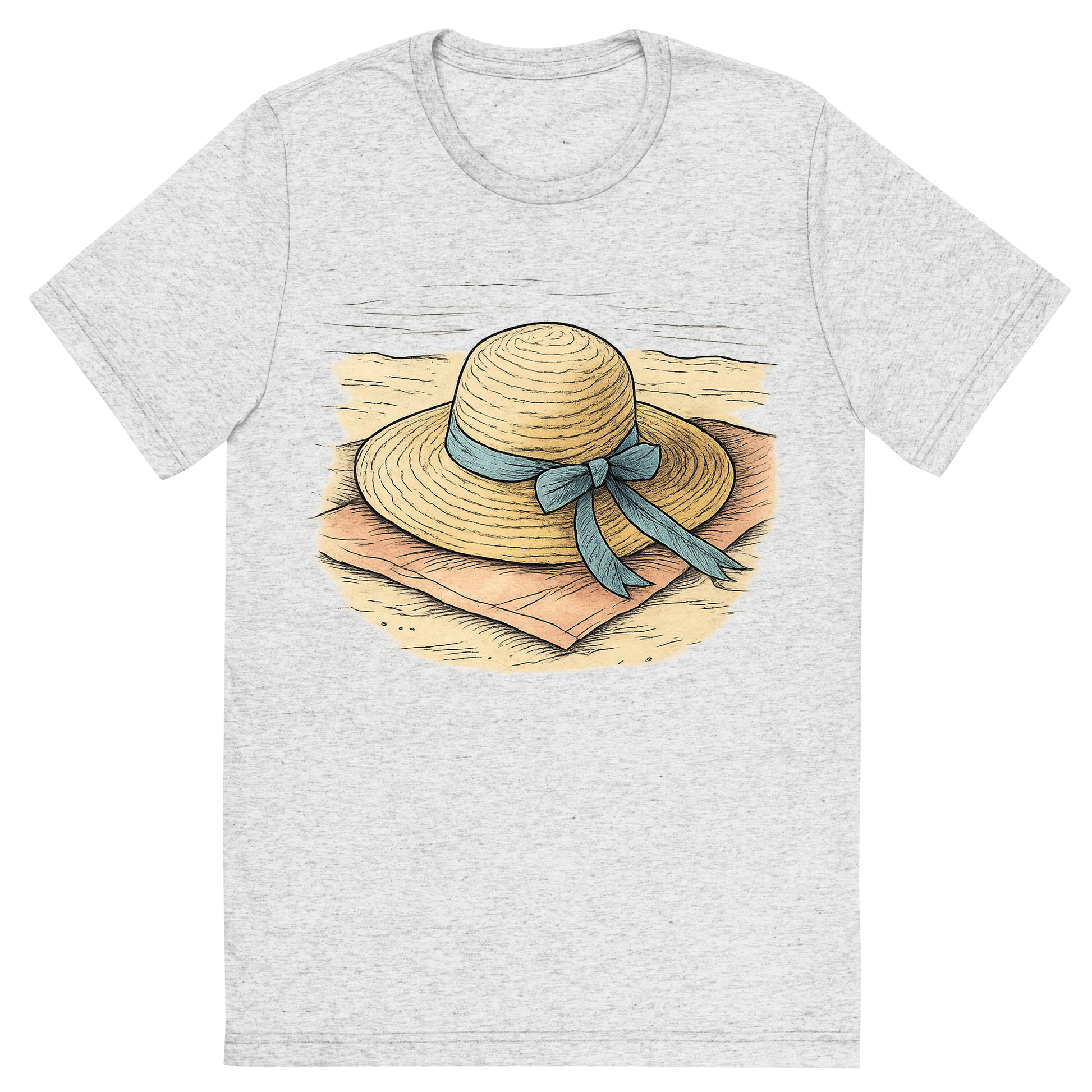 Front view of a Premium Tri-Blend Crew Neck T-Shirt in White Fleck showing 'A hand-drawn ink with pops of color, relaxed graphic of a classic woven straw sun hat with a ribbon, lying on a towel at the beach, hand-drawn ink with pops of color, centered composition, transparent background, optimized for dtg printing'