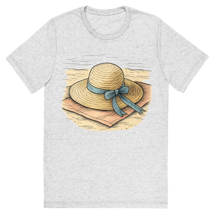 Front view of a Premium Tri-Blend Crew Neck T-Shirt in White Fleck showing 'A hand-drawn ink with pops of color, relaxed graphic of a classic woven straw sun hat with a ribbon, lying on a towel at the beach, hand-drawn ink with pops of color, centered composition, transparent background, optimized for dtg printing'