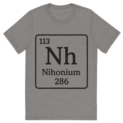 Front view of a Premium Tri-Blend Crew Neck T-Shirt in Grey showing 'A line art, nostalgic graphic of nihonium's entry on the periodic table, use a dark color for the lines and text'
