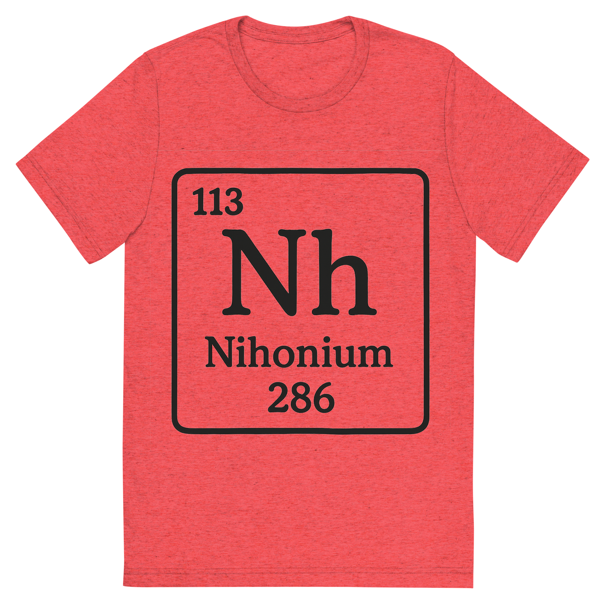 Front view of a Premium Tri-Blend Crew Neck T-Shirt in Red showing 'A line art, nostalgic graphic of nihonium's entry on the periodic table, use a dark color for the lines and text'