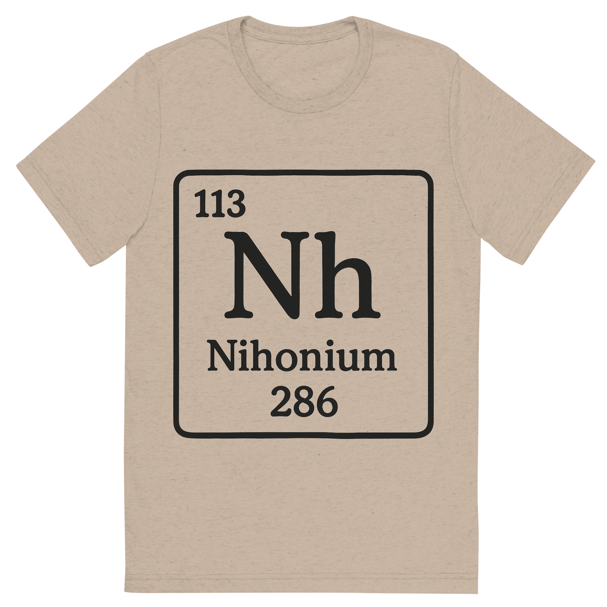 Front view of a Premium Tri-Blend Crew Neck T-Shirt in Tan showing 'A line art, nostalgic graphic of nihonium's entry on the periodic table, use a dark color for the lines and text'