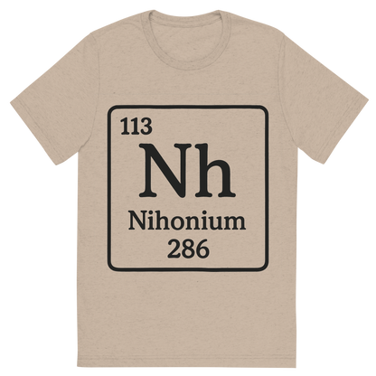 Front view of a Premium Tri-Blend Crew Neck T-Shirt in Tan showing 'A line art, nostalgic graphic of nihonium's entry on the periodic table, use a dark color for the lines and text'